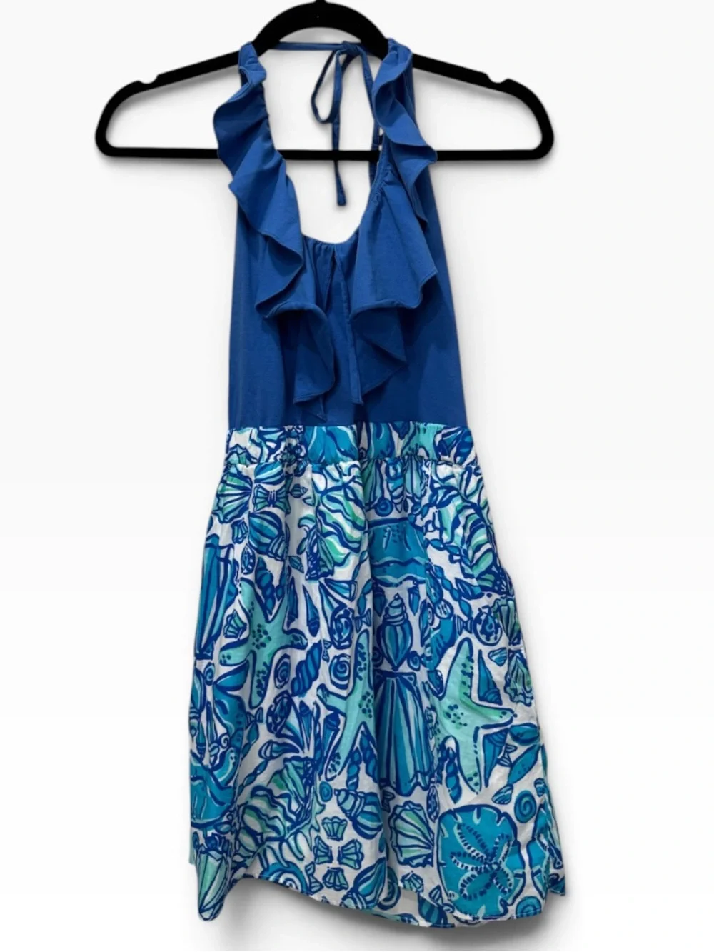 Lilly Pulitzer Blue Halter Ruffle Seashell Print Cotton Dress Size S
